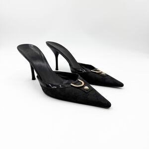 Gucci GG Canvas Monogram Mules Pointed Toe Kitten Heels 9.5